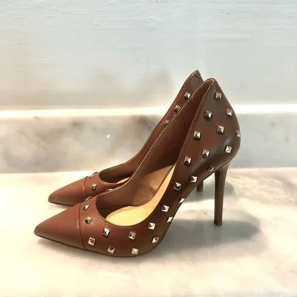 NWOT Michael Kors Pointed Toe Keke Studded Leather Slip-on Pumps Brown Size 7.5 - Picture 1 of 7